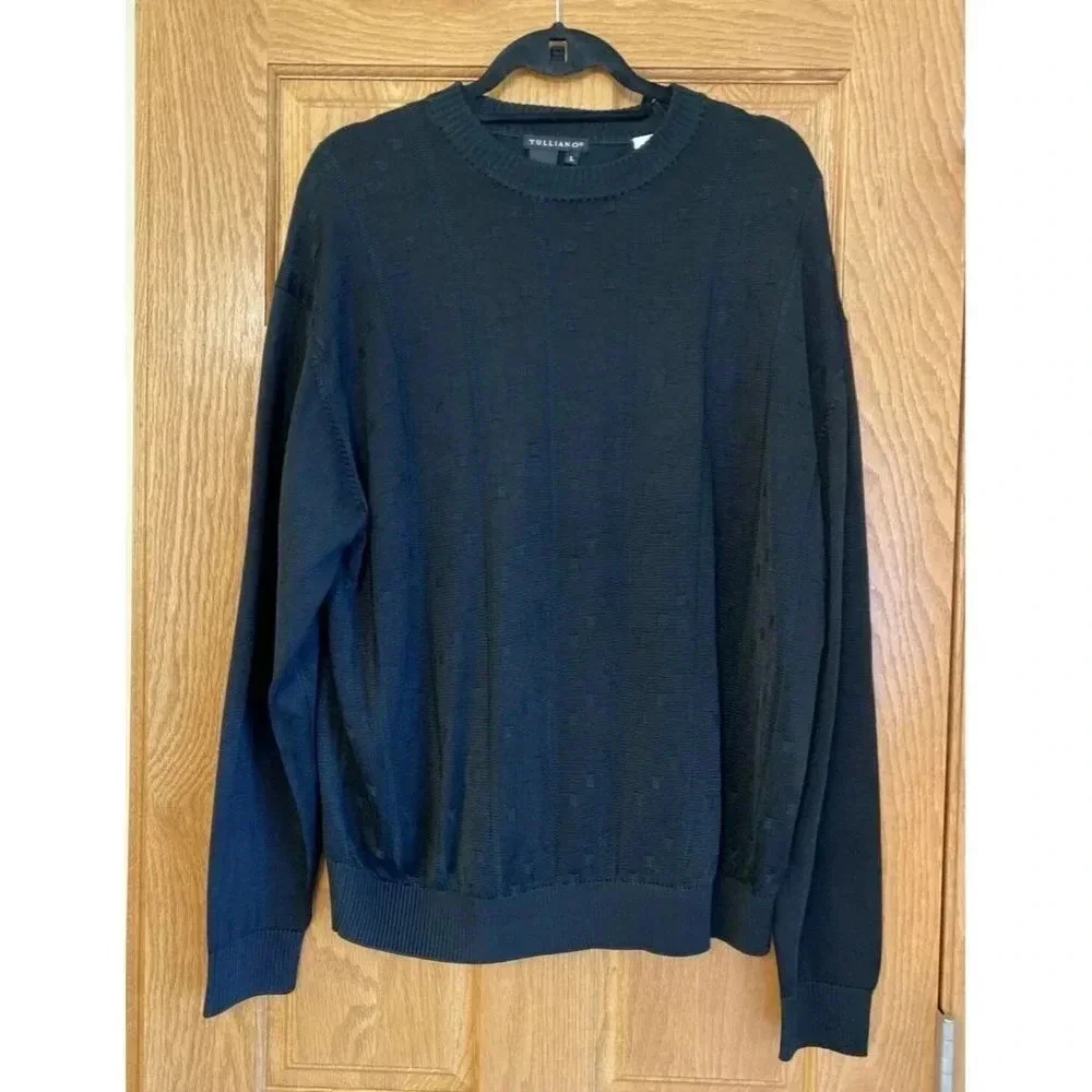 TULLIANO Mens Sweater L Large Black Cotton Rayon Blend Lightweight
